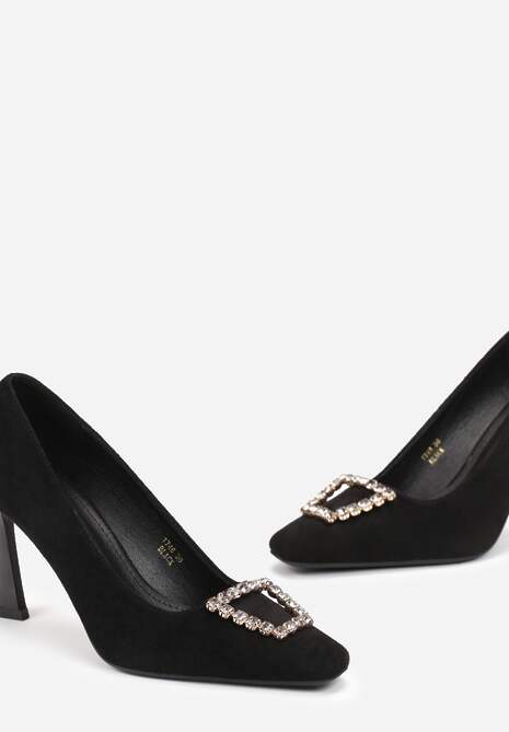 Czarne Szpilki z Klamrą w Cyrkonie i Kwadratowym Noskiem Marilan