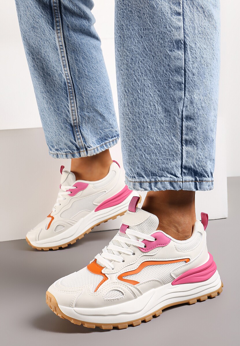 Beżowo-Różowo Sneakersy na Niskiej Platformie z Siateczką z Ozdobnymi Wstawkami Lelphine