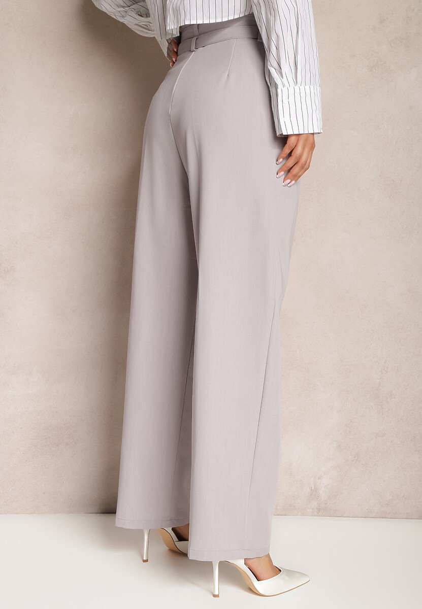 Szare Spodnie High Waist w Stylu Garniturowym z Paskami i Klamerkami Daklena