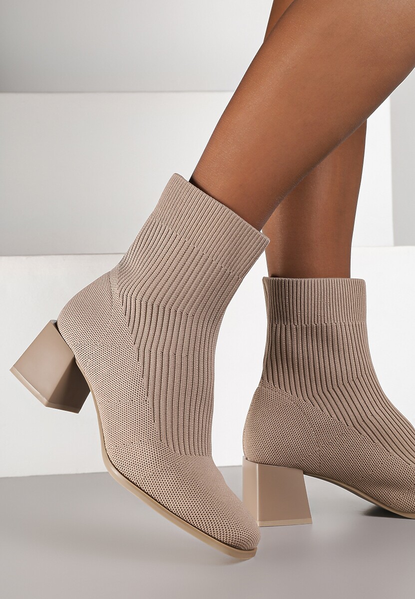Ciemnobeżowe Botki za Kostkę z Elastycznego Materiału na Geometrycznym Słupku Aidara