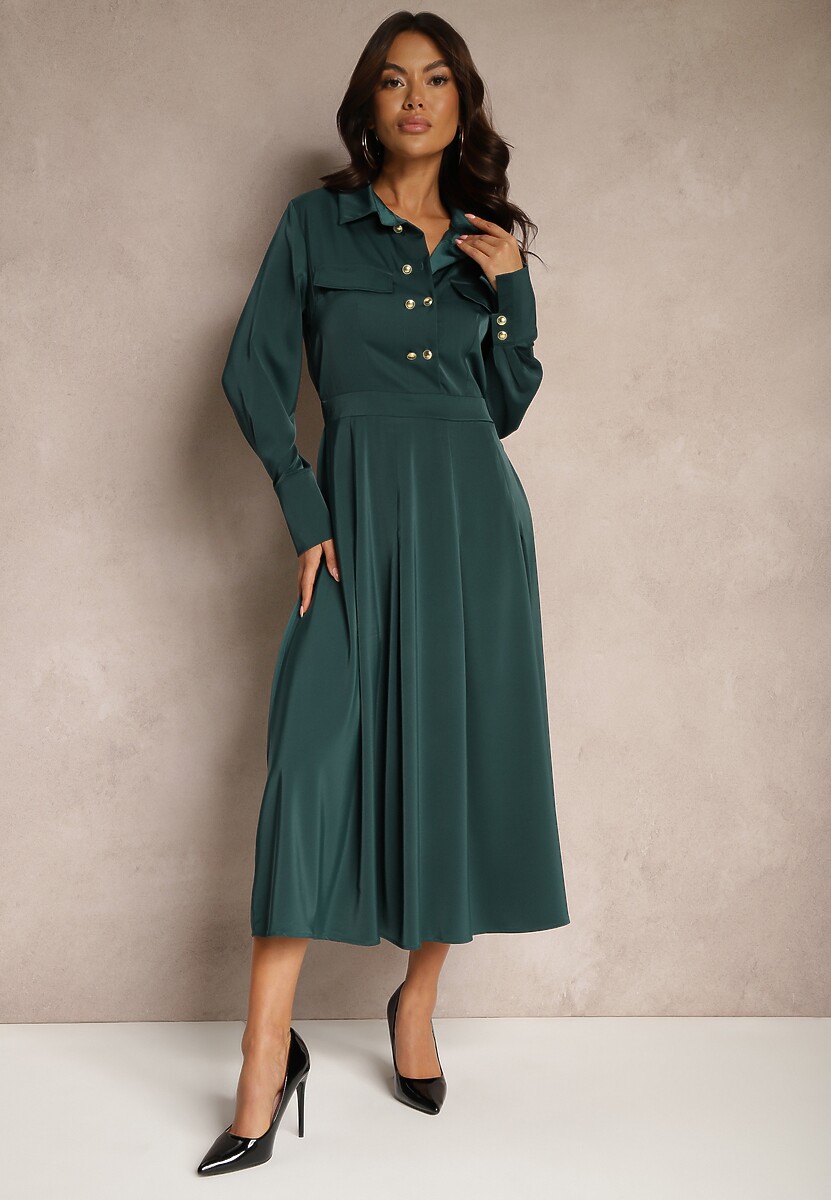 Czarna Koszulowa Sukienka o Rozkloszowanym Kroju z Gumką w Pasie i Imitacją Kieszeni Etaviela