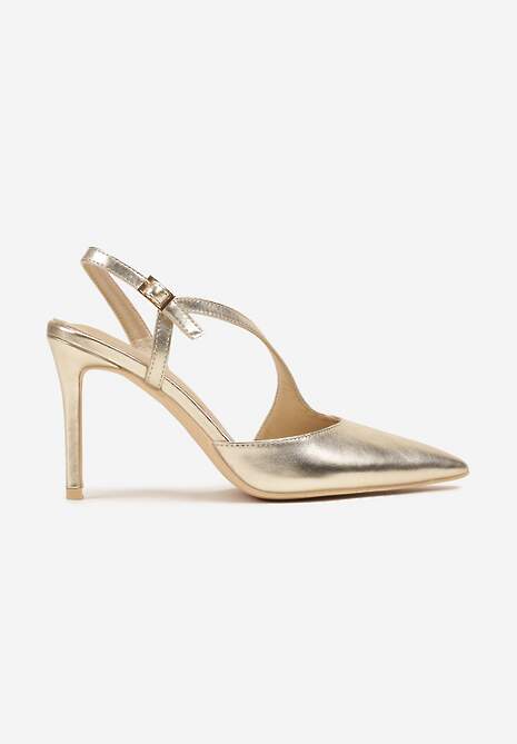 Złote Asymetryczne Sandały Vices na Obcasie ze Szpiczastym Noskiem Niriese