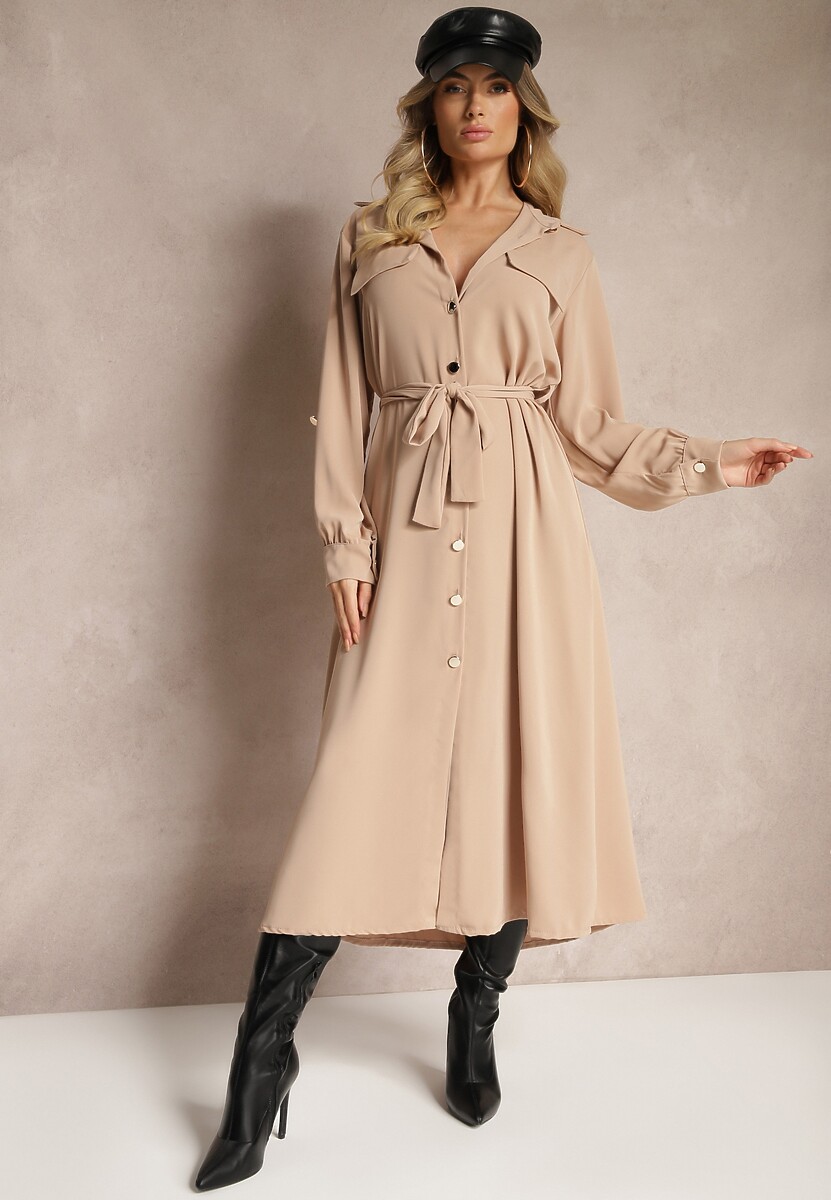 Beżowa Sukienka o Koszulowym Kroju z Rękawami z Możliwością Podpięcia i Wiązanym Paskiem Ivalorae