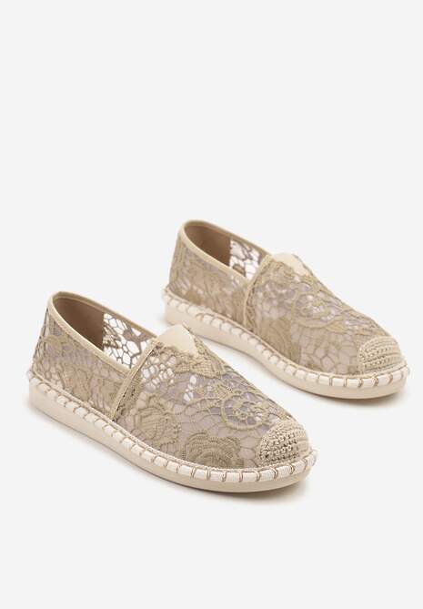 Ciemnobeżowe Espadryle z Plecionką i Koronką Merarilia