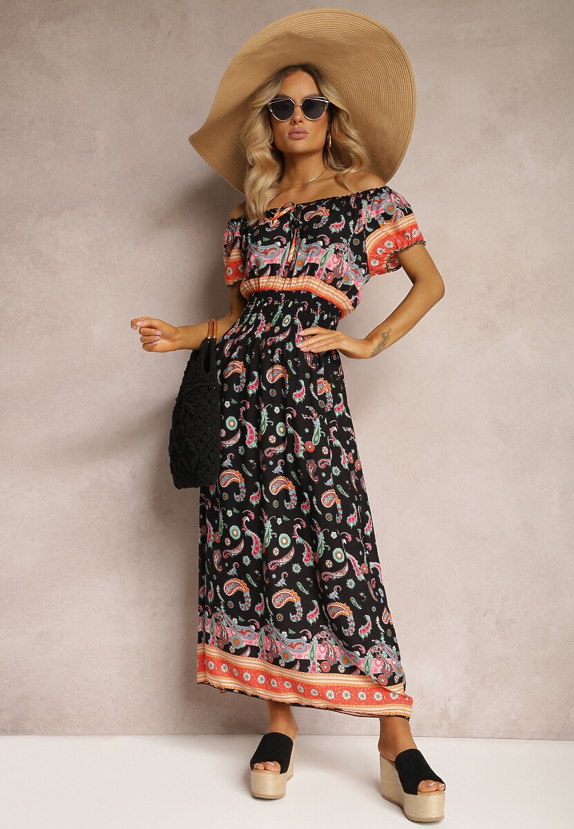 Czarno-Pomarańczowa Letnia Sukienka z Bawełny o Fasonie Hiszpanki z Gumką w Pasie i Wzorem Paisley Delsina