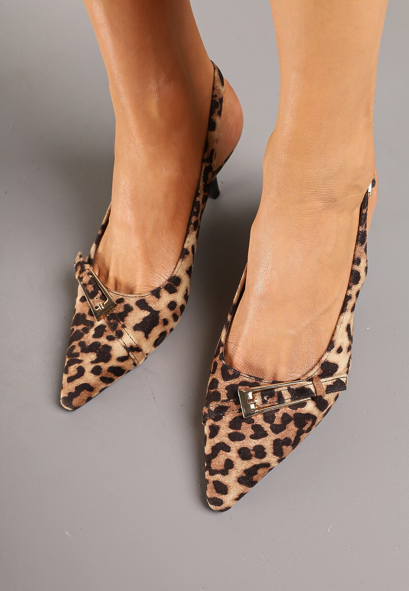 Panterkowe Sandały na Szpilce Typu Slingback Ozdobione Paskiem z Klamrą Karilen