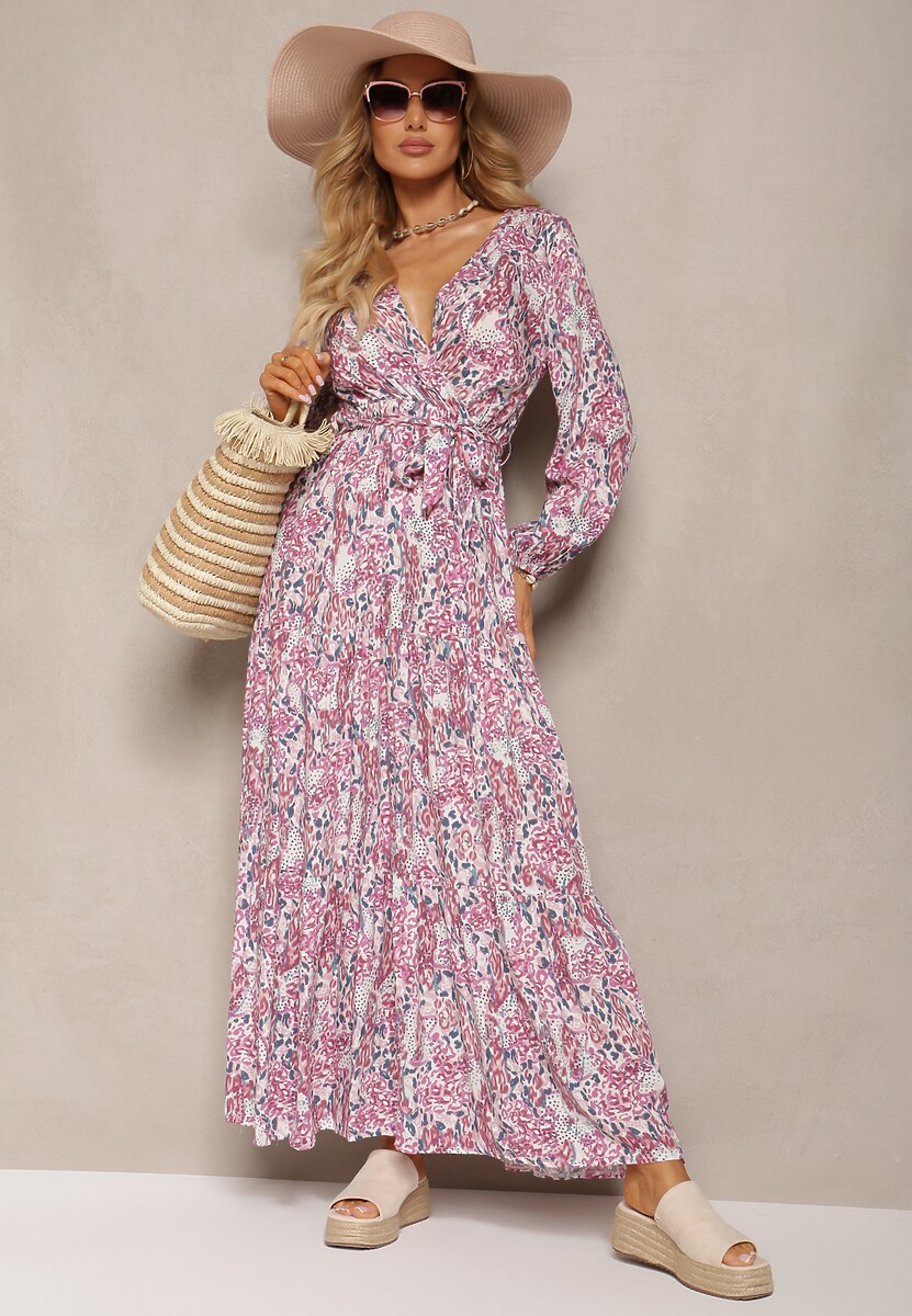 Biało-Czerwona Sukienka z Wiskozy z Trójkątnym Dekoltem i Gumką w Talii z Materiałowym Paskiem Funella