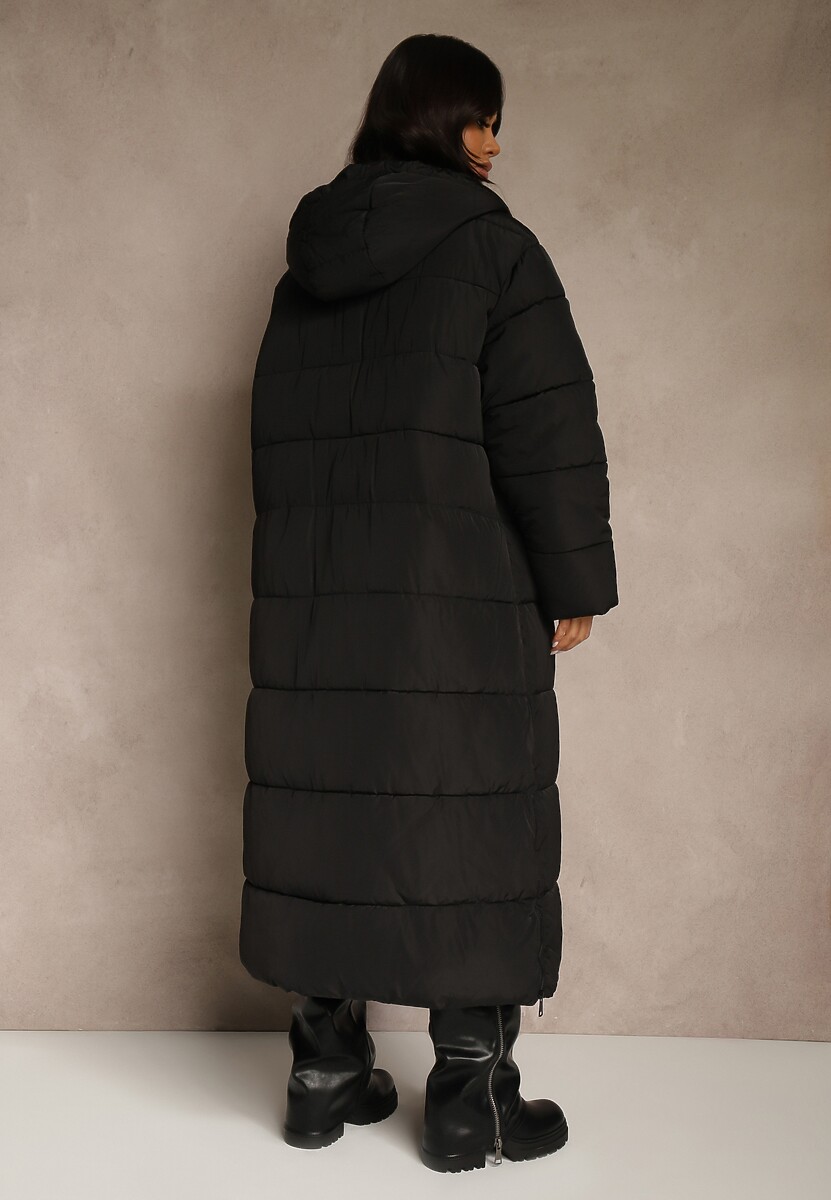 Czarna Długa Kurtka Zimowa z Pikowanymi Przeszyciami Kapturem i Suwakami Mevanesa