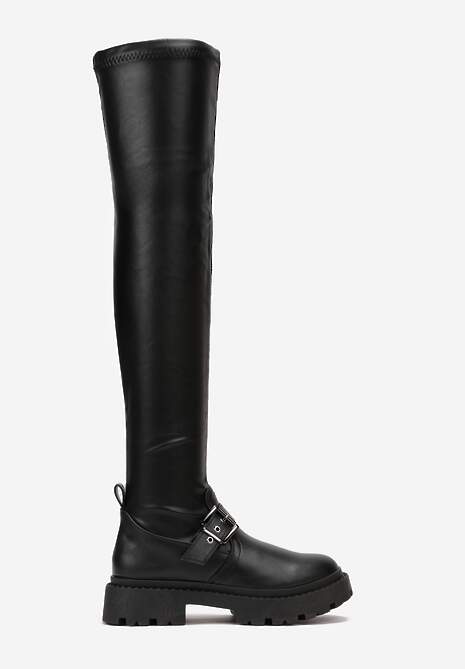 Czarne Kozaki za Kolano na Grubej Podeszwie Ismara