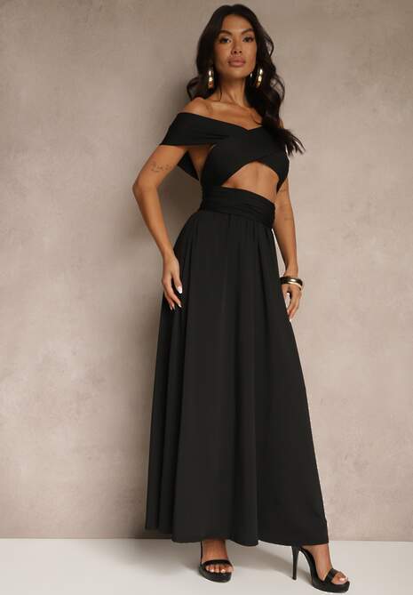 Czarna Sukienka Koktajlowa Multiway z Wiskozą Wiązana na Szyi Lilovea