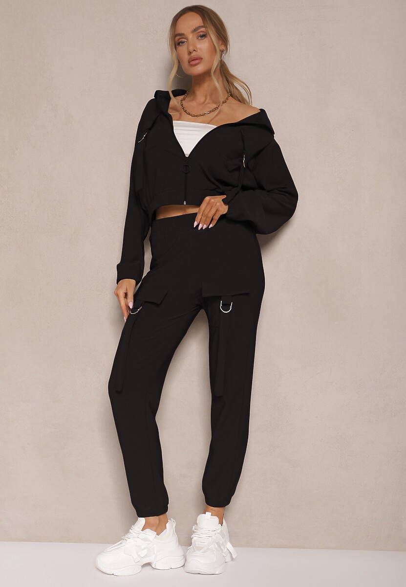 Beżowy Komplet Dresowy Utility Bluza Rozpinana i Spodnie z Kieszeniami Telinoria