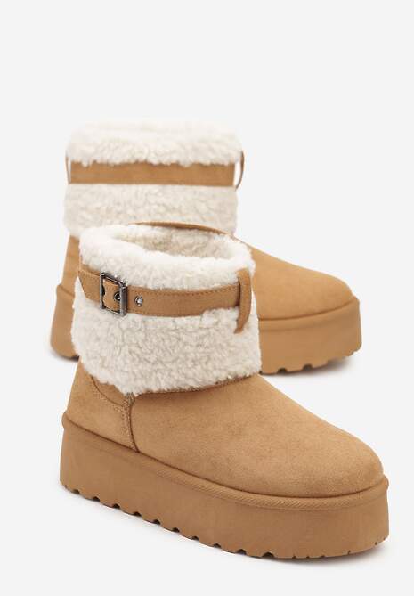 Brązowe Śniegowce na Platformie Ozdobione Metaliczną Klamrą i Futerkiem w Stylu Baranka Anelavia