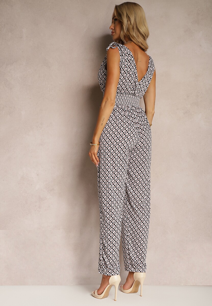 Czarno-Beżowy Kombinezon z Długimi Nogawkami i Szeroką Gumką w Talii Belamy