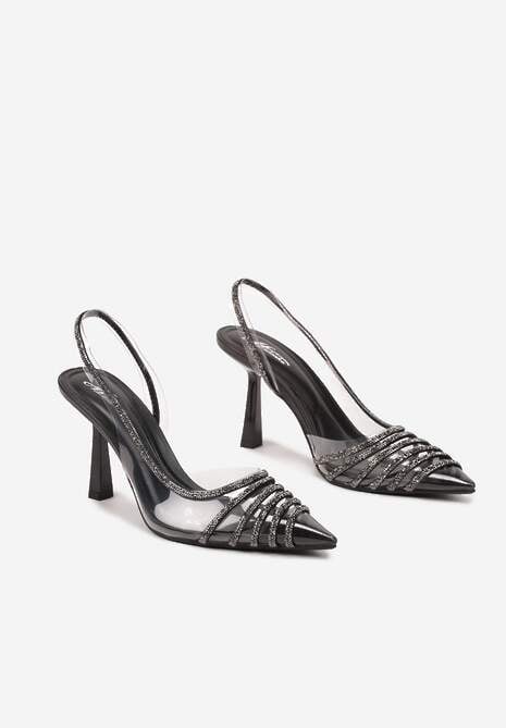 Czarne Transparentne Sandały na Obcasie ze Szpiczastym Noskiem i Cyrkoniami Felissin