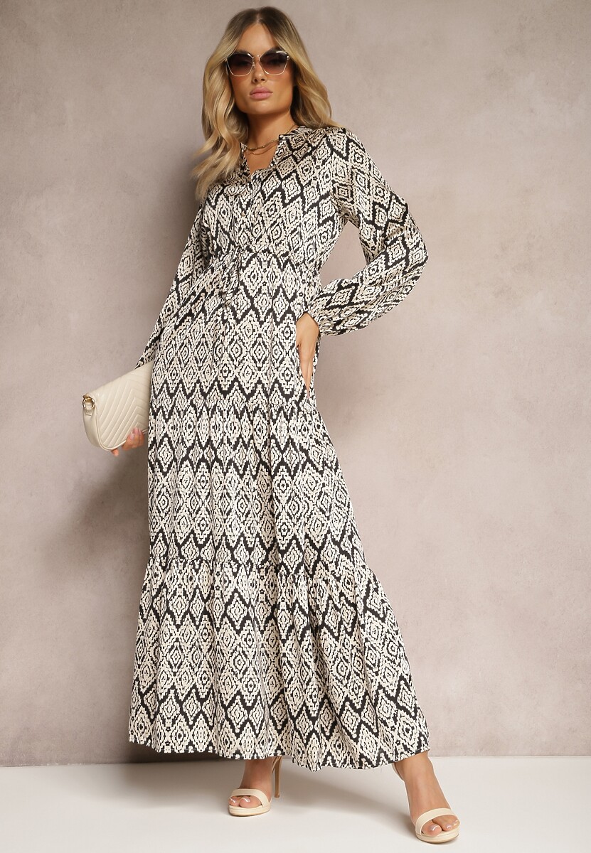 Czarno-Biała Casualowa Sukienka ze Sznurkiem w Pasie i Falbanką Carmarie