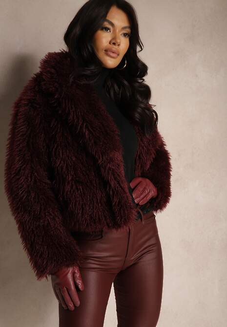 Bordowa Krótka Kurtka Futerko z Szerokim Kołnierzem Areti