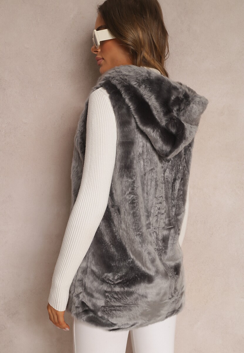 Szara Kamizelka Futrzana z Kapturem Linie