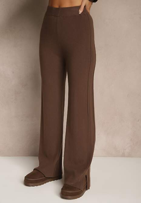 Brązowy Komplet z Dzianiny z Wiskozą Spodnie i Sweter z Ozdobnymi Guzikami Unarea