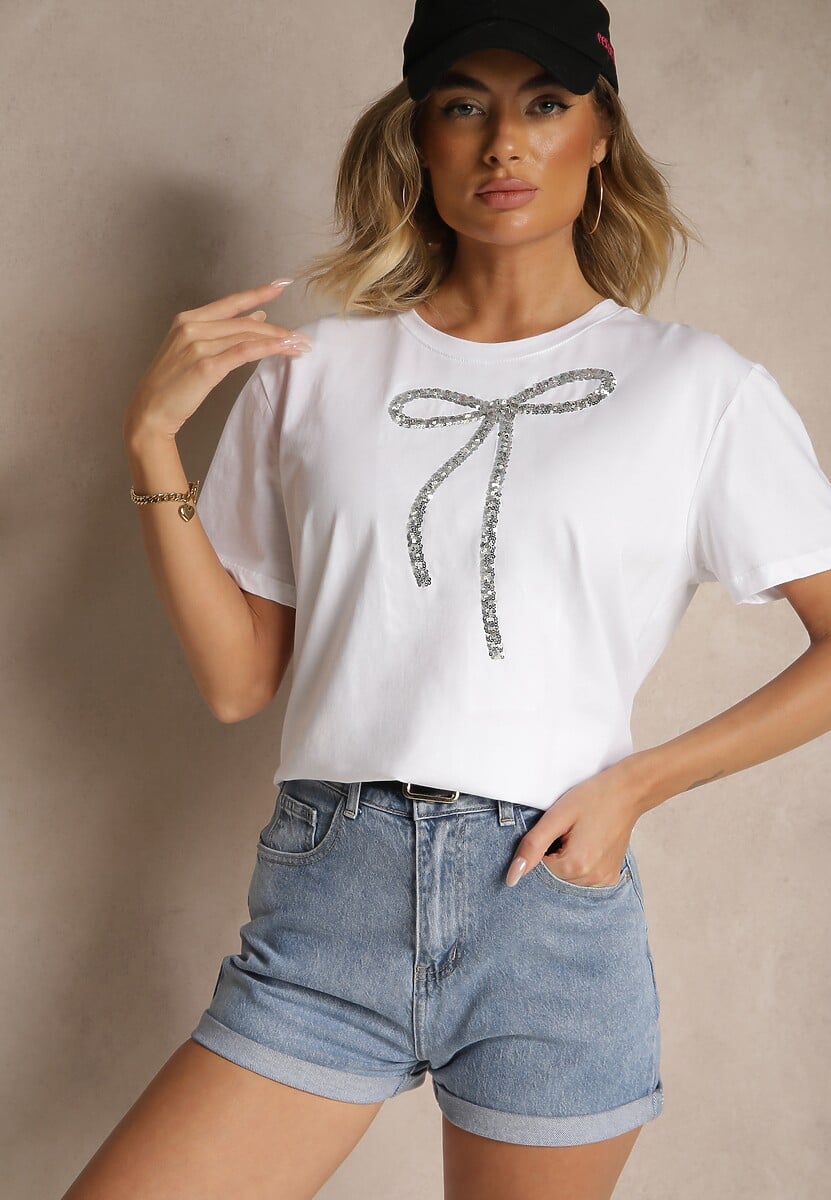 Czarny Bawełniany T-shirt z Cekinową Aplikacją w Kształcie Kokardy Tenuria