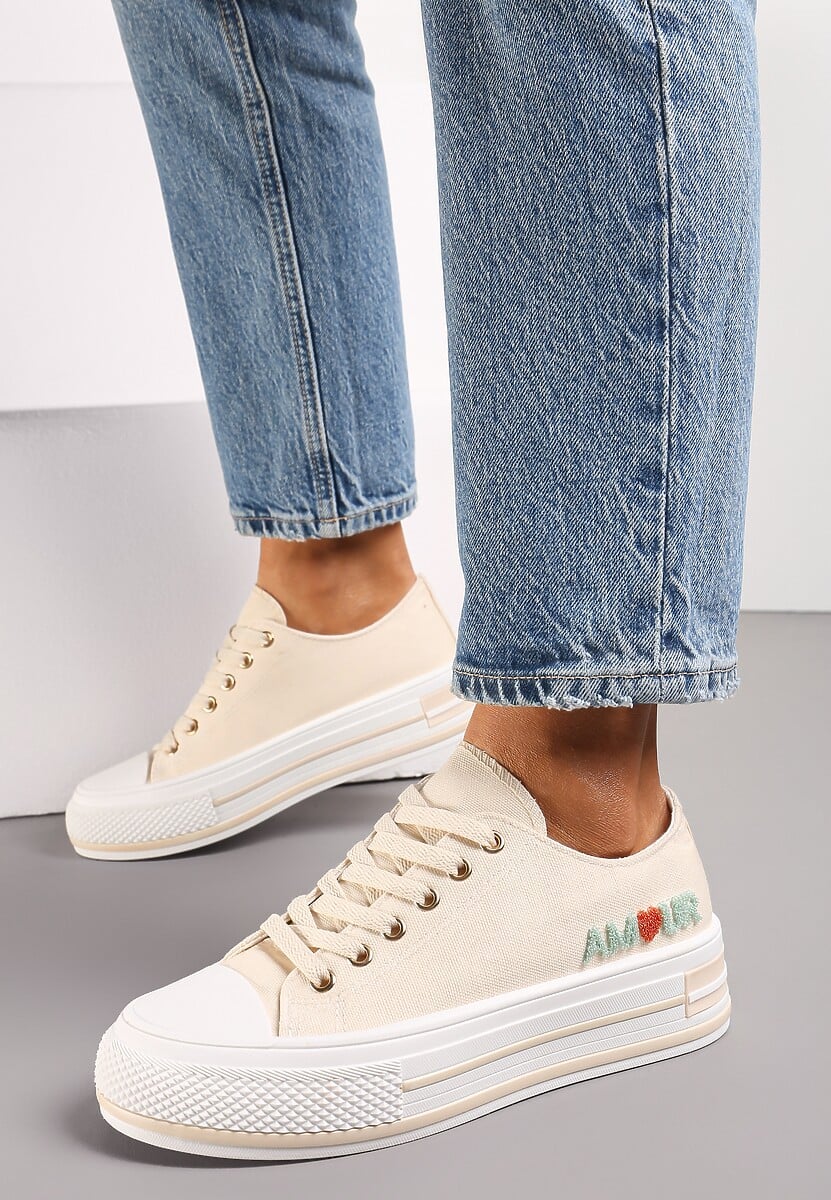 Beżowe Sznurowane Trampki na Grubej Podeszwie z Aplikacją Aniler