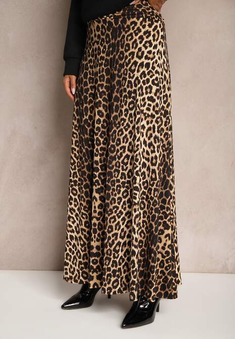 Brązowa Rozkloszowana Spódnica w Panterkę High Waist z Marszczeniem w Pasie Nolisea