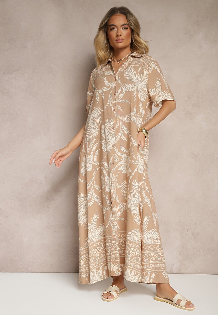 Beżowa Sukienka o Koszulowym Fasonie w Kwiaty z Wiskozy Erathia