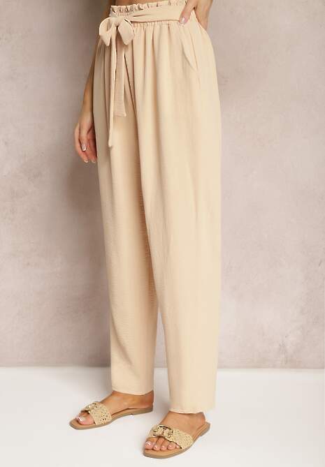 Beżowe Spodnie High Waist Wiązane w Pasie Wykończone Gumką w Talii Dimixi