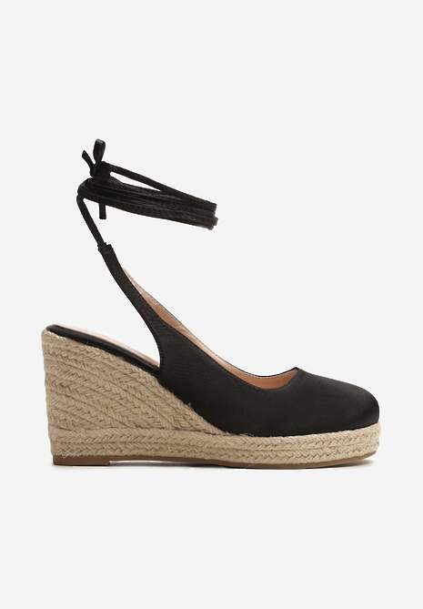 Czarne Sandały Espadryle z Satynową Cholewką i Plecionym Koturnem Manolla