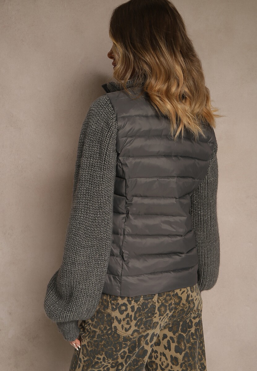 Szara Kurtka ze Sweterkowego Materiału i z Ozdobnym Pikowaniem Vertinae