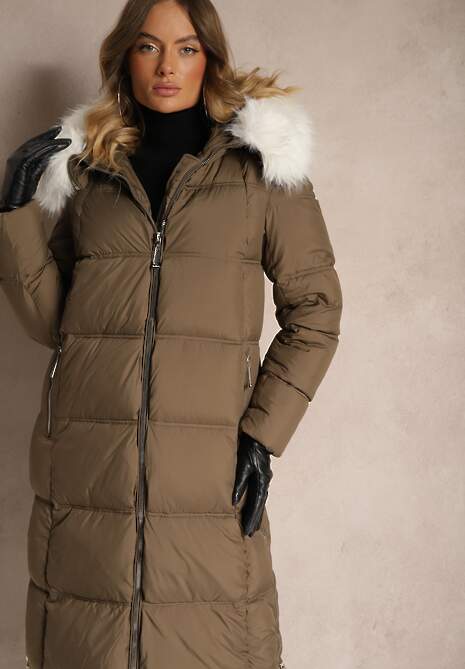 Zielona Khaki Długa Pikowana Kurtka z Kapturem i Odpinanym Futerkiem Edariel