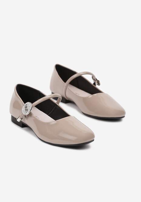 Beżowe Balerinki Lakierowane Mary Jane na Płaskiej Podeszwie ze Skórzaną Wkładką Vaimirae