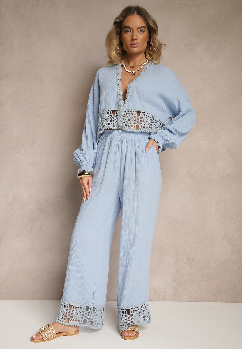 Jasnoniebieski Komplet z Bawełny z Ażurowymi Wstawkami Bluzka i Spodnie Paladorea