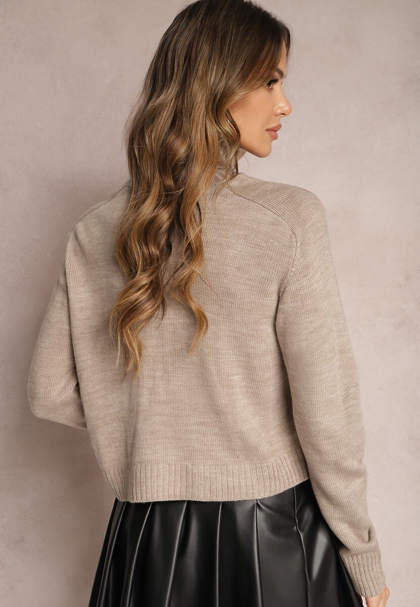 Ciemnobeżowy Luźny Golf o Klasycznym Fasonie z Prążkami na Ściągaczach Basum