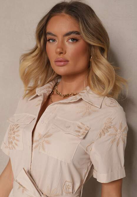 Beżowa Wiskozowa Sukienka Koszulowa Ozdobiona Paskiem i Haftem Divaloria