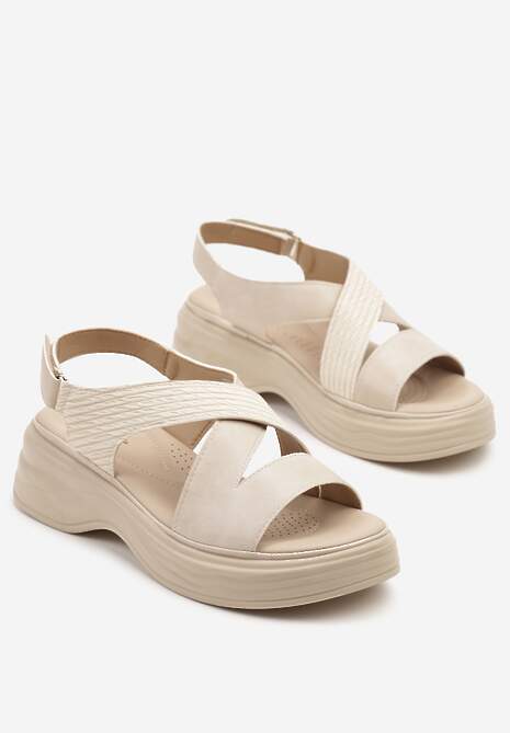 Beżowe Sandały na Platformie Zapinane na Rzep Tanadelia
