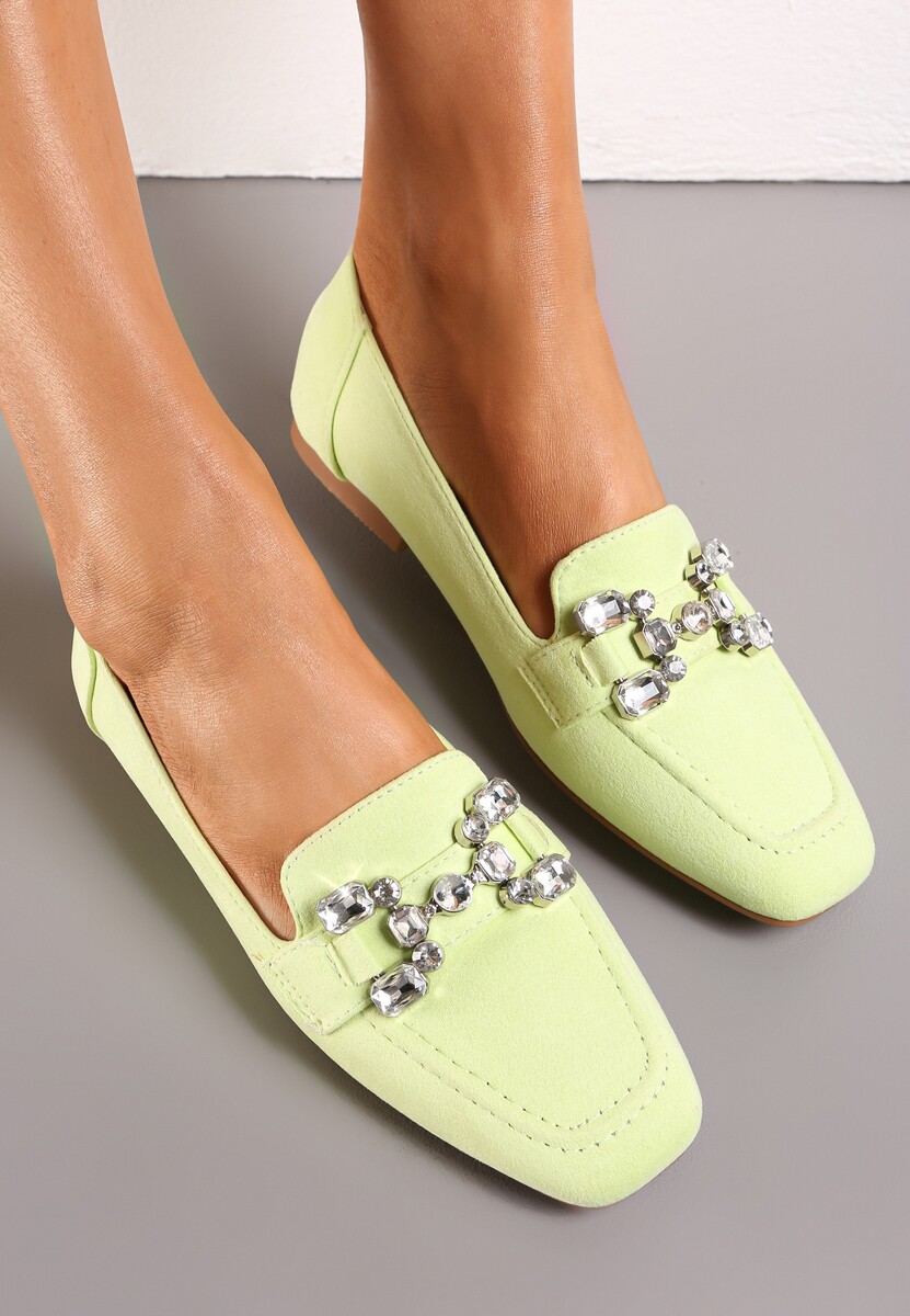 Zielone Mokasyny z Imitacji Zamszu z Ozdobnym Paskiem z Kryształkami Sornia