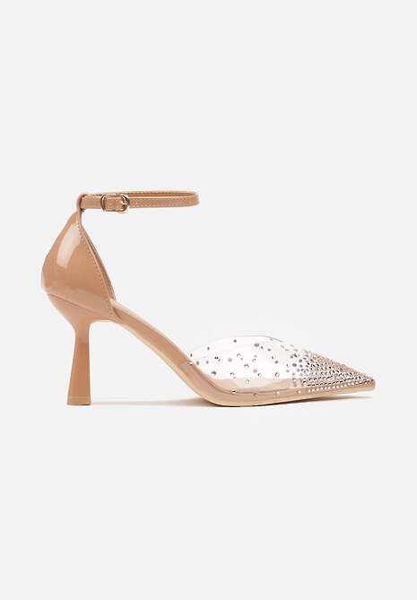 Beżowe Czółenka Vices na Szpilce z Wkładką ze Skóry Naturalnej Ozdobione Cyrkoniami Lilarin