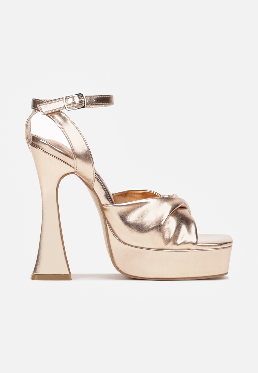 Szampańskie Sandały na Wysokim Słupku i Platformie z Ozdobnym Paskiem Rupina