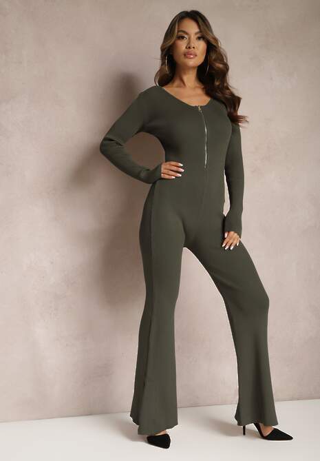 Ciemnozielony Kombinezon Bodycon z Prążkowanej Wiskozy ze Spodniami Typu Dzwony i Suwakiem Lavirna