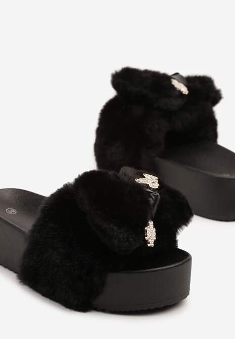 Czarne Klapki z Futerkiem i Kokardą na Piankowej Platformie Vorea