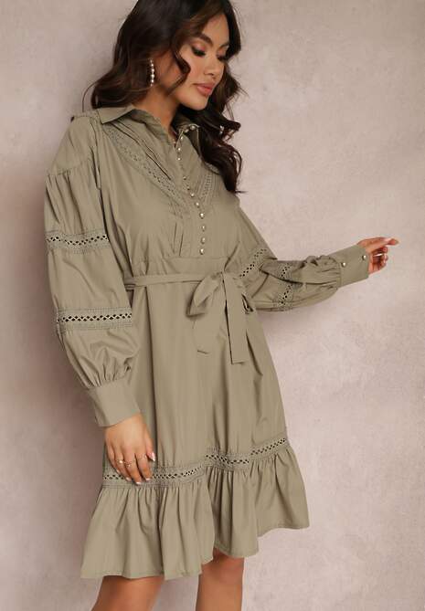 Ciemnozielona Koszulowa Sukienka z Perłowymi Guzikami i Koronkowymi Wstawkami Shyanne