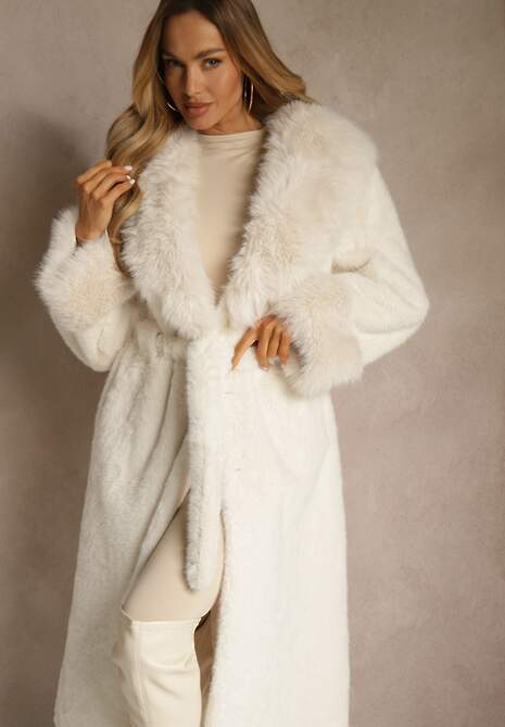 Biały Futrzany Płaszcz z Wiązanym Paskiem Ozdobnym Kołnierzem i Mankietami Viaressa