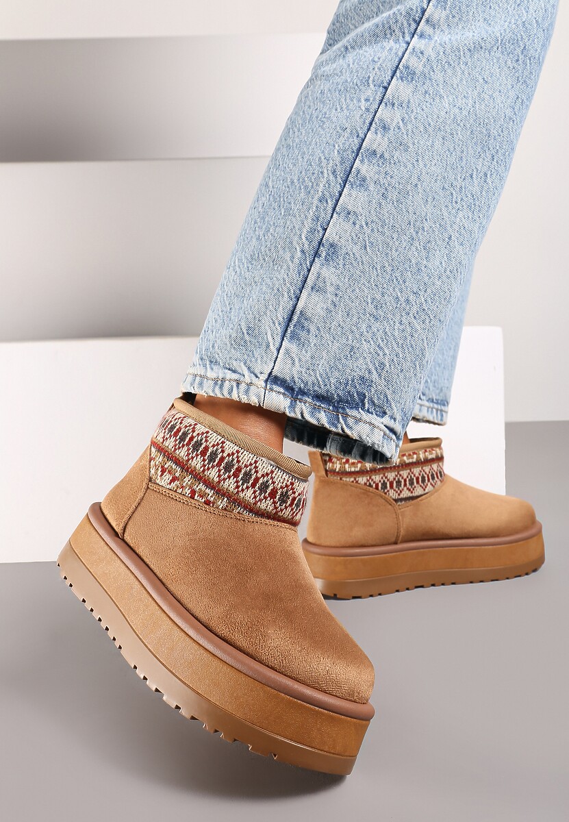 Brązowe Śniegowce na Wysokiej Platformie Ozdobione Wzorzystą Wstawką Sinalora