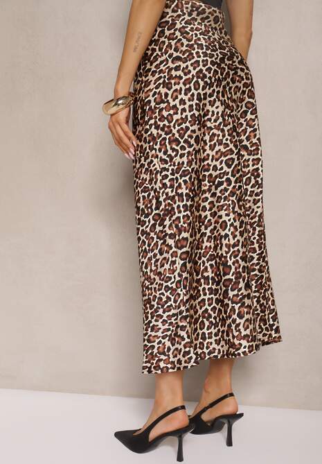 Brązowa Spódnica High Waist ze Zwierzęcym Printem i Gumką w Talii Dimella