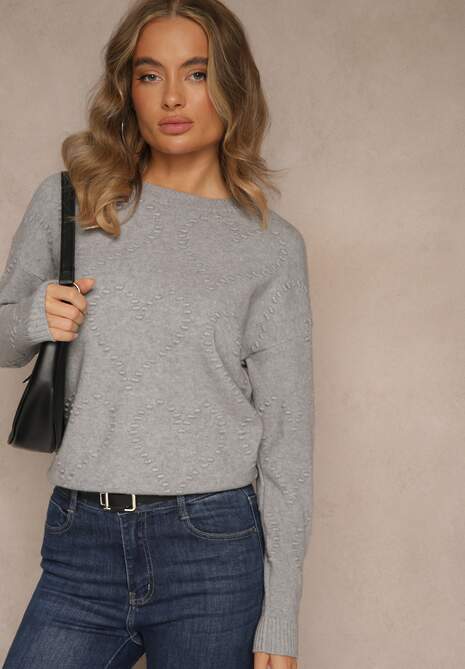 Szary Sweter z Tłoczonymi Sercami Unareia