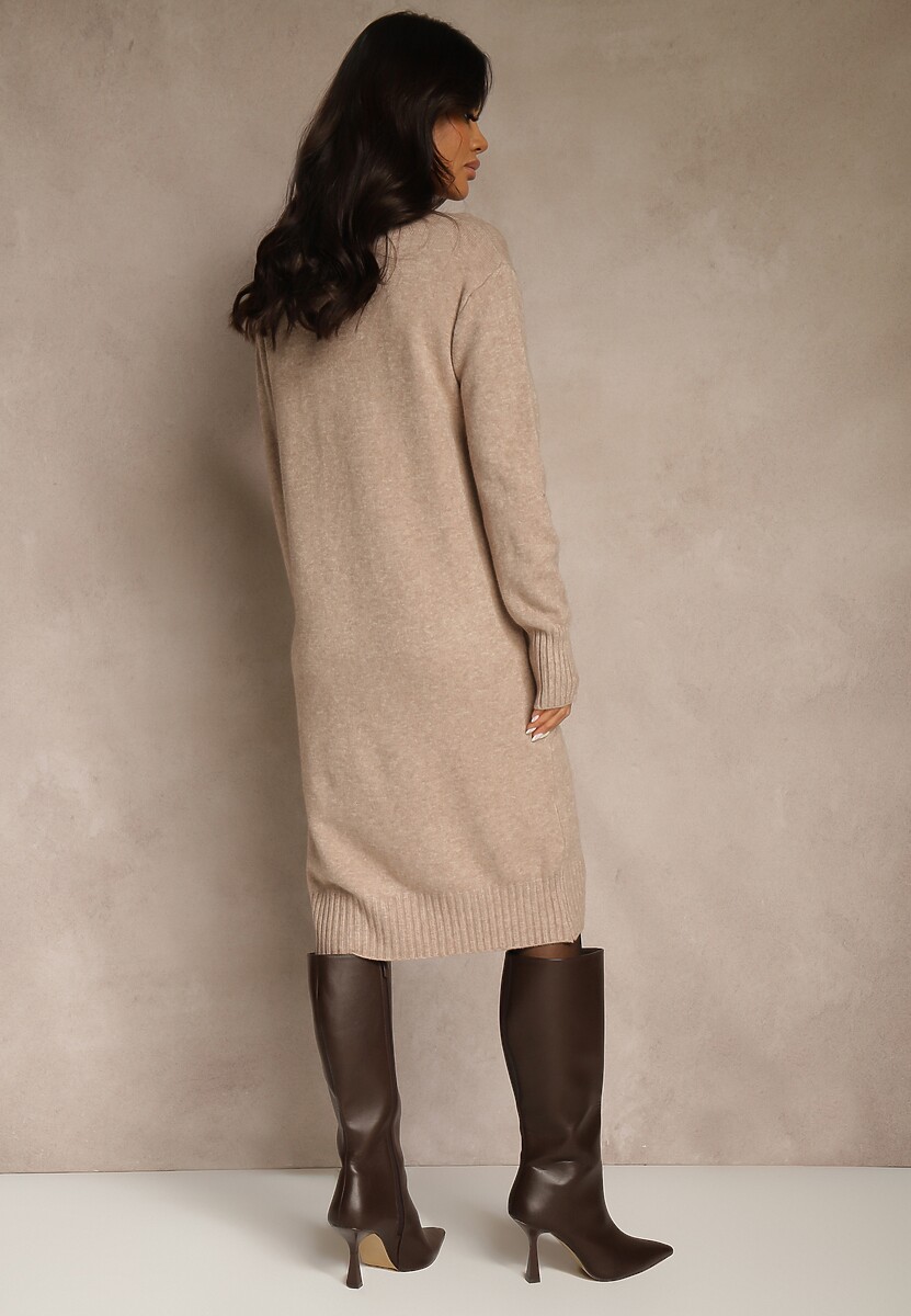 Beżowa Sweterkowa Sukienka z Bawełną i Golfem Reinaria
