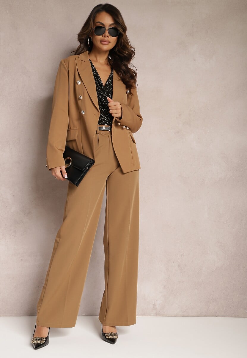 Jasnobrązowe Szerokie Spodnie High Waist z Gumką w Pasie Eternel