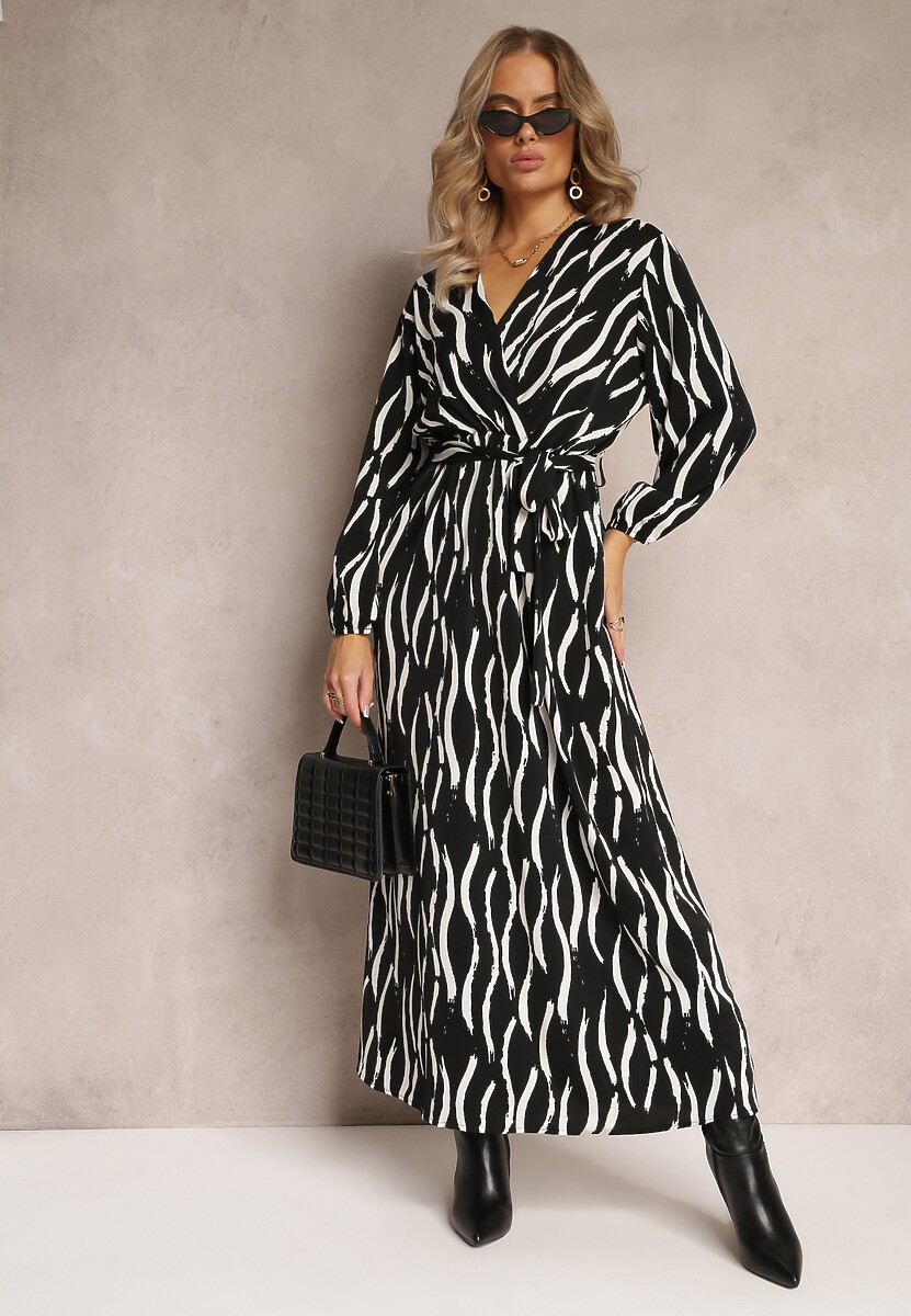 Czarno-Biała Maxi Sukienka z Gumką i Paskiem w Talii oraz Kopertowym Dekoltem Doiren