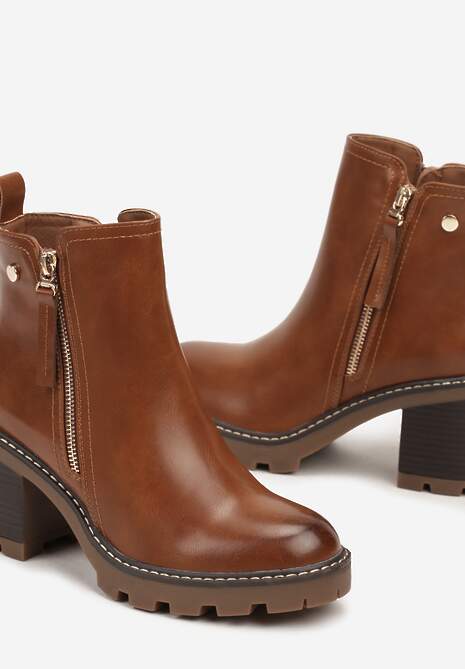 Brązowe Botki na Obcasie z Ozdobnym Zamkiem Błyskawicznym Leriene