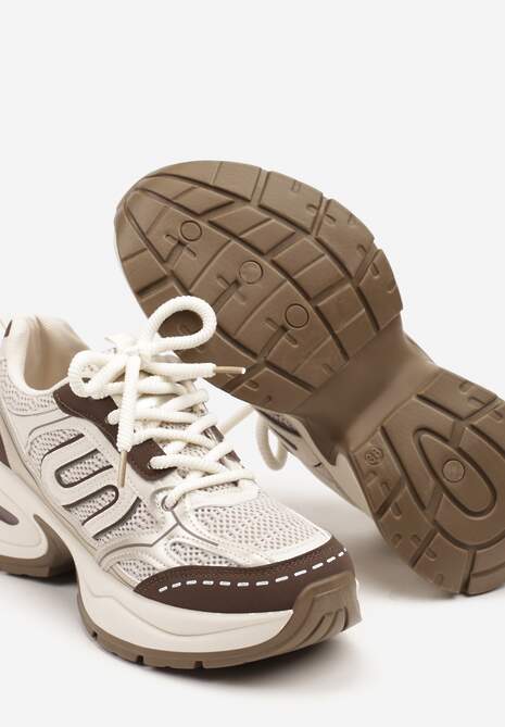Beżowo-Brązowe Sneakersy na Platformie z Tłoczeniem z Geometrycznym Motywem Delothiel